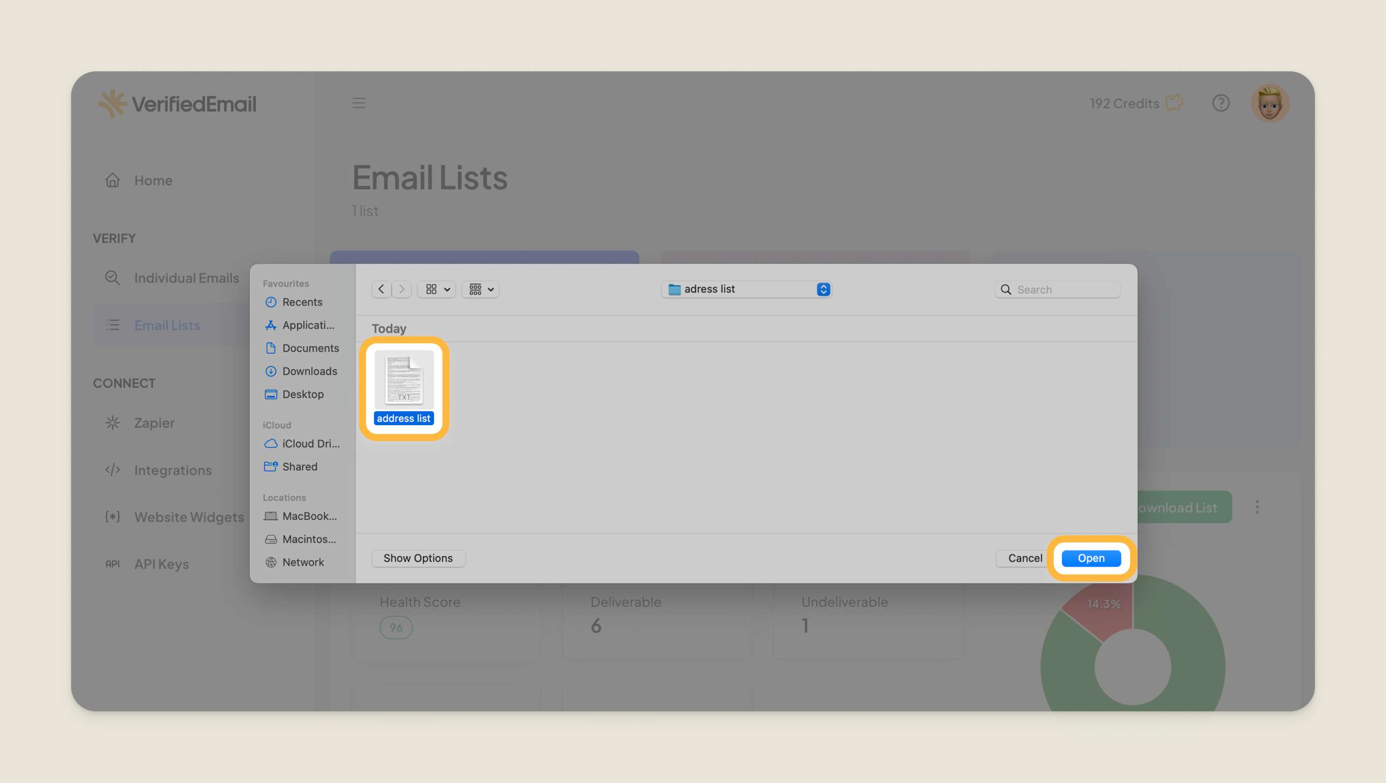 Select the email address list file
