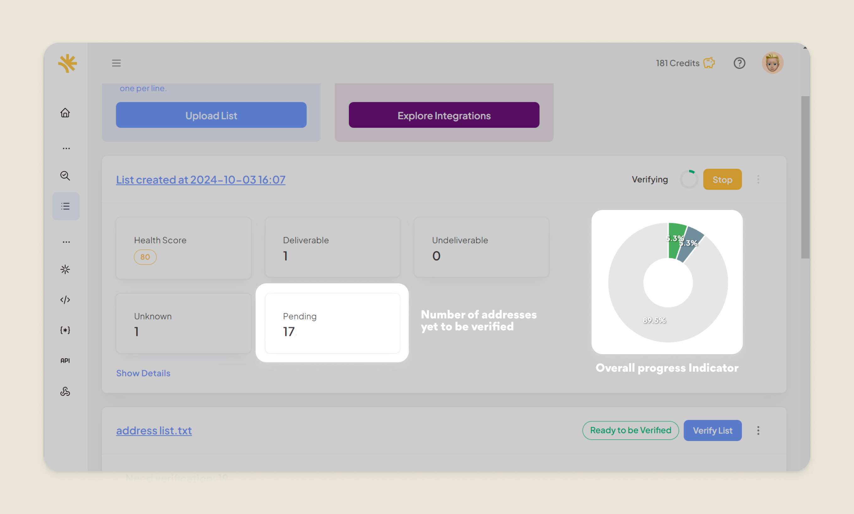 View the progress as VerifiedEmail verifies each address