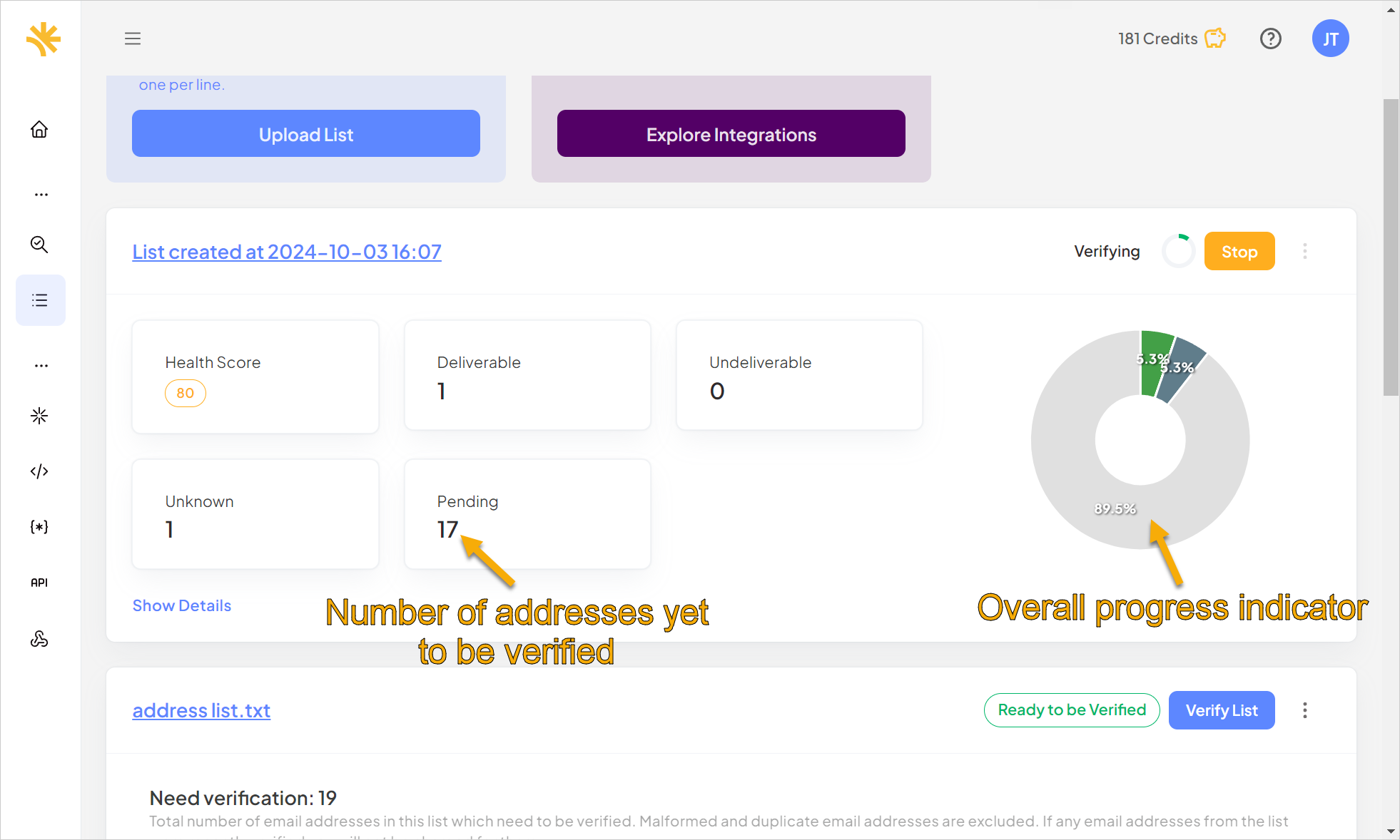 View the progress as VerifiedEmail verifies each address