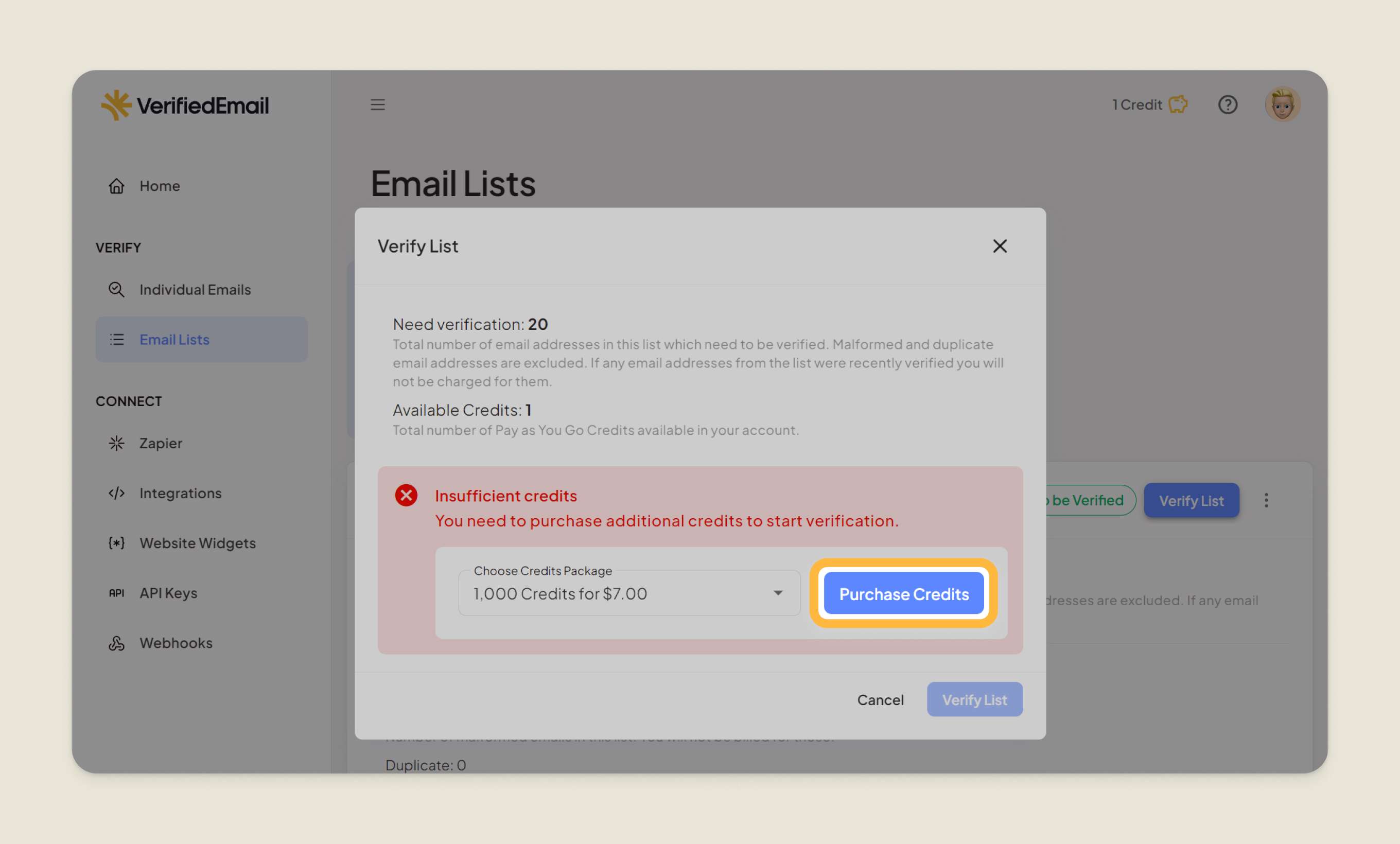 Click Purchase Credits