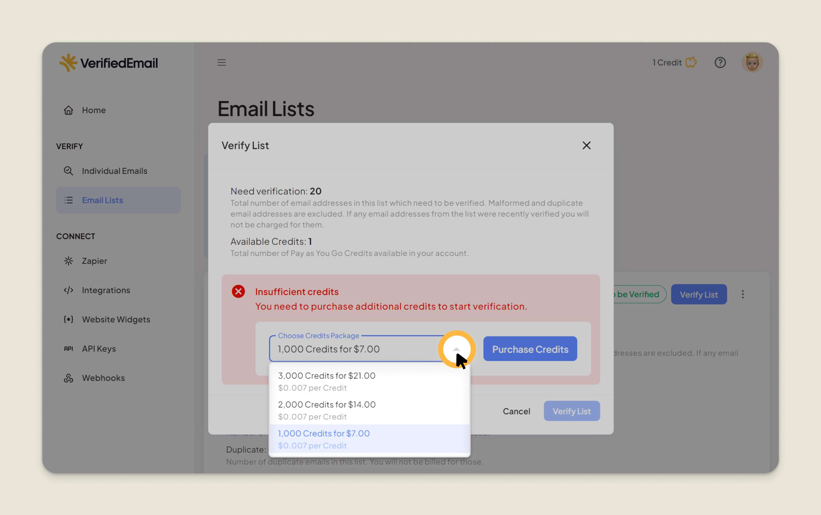 Click the Choose Credits Package