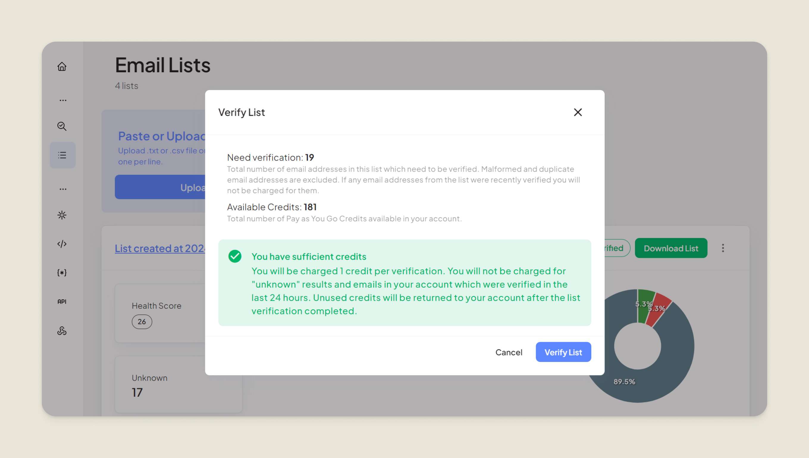 The Verify List dialog
