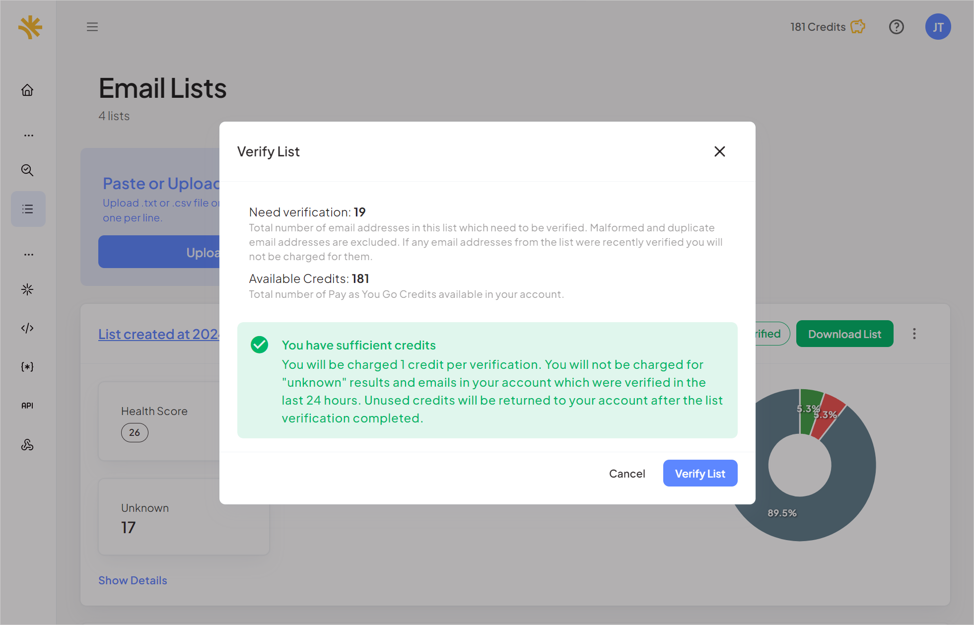 The Verify List dialog