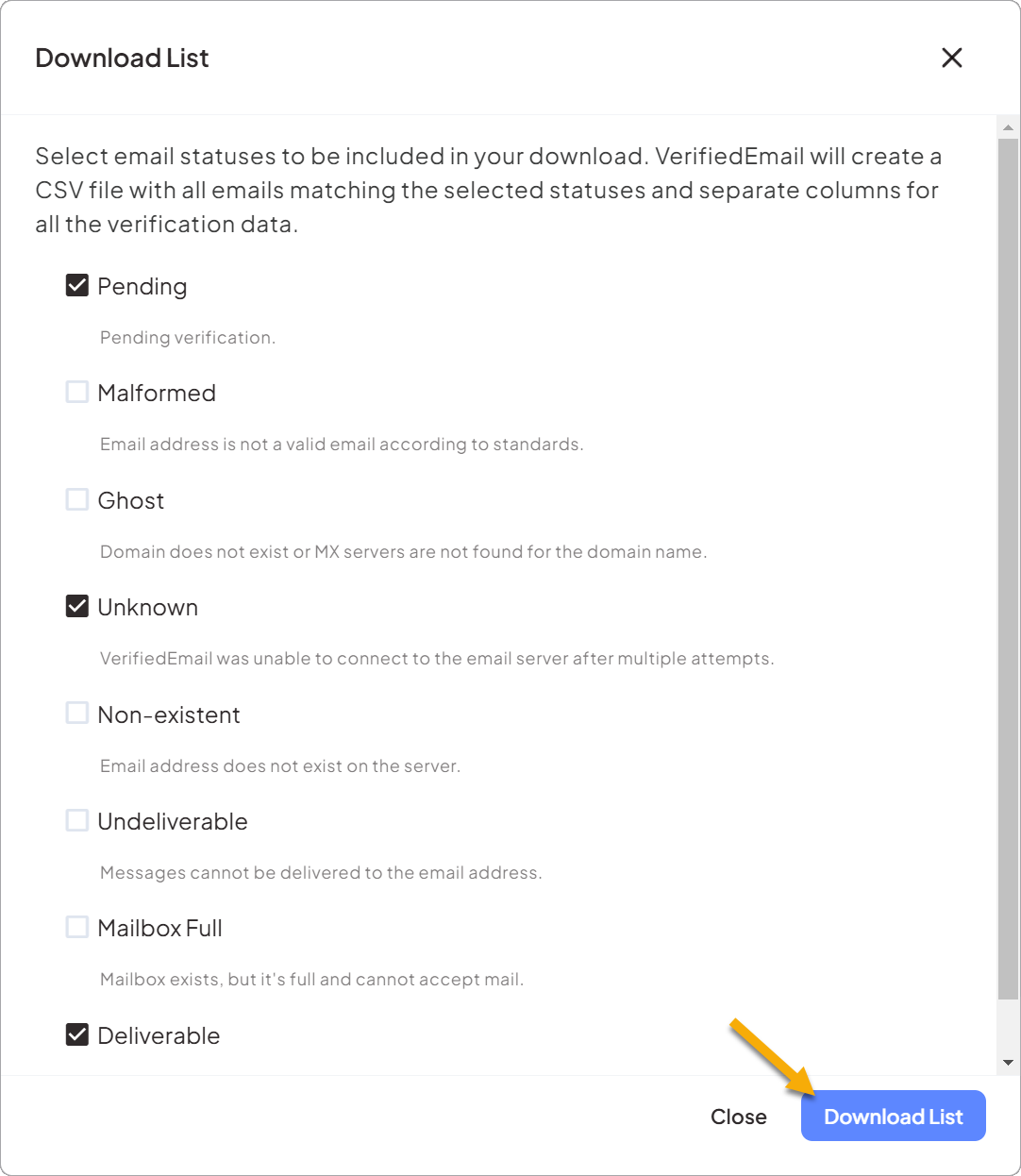 Select the desired verification statuses