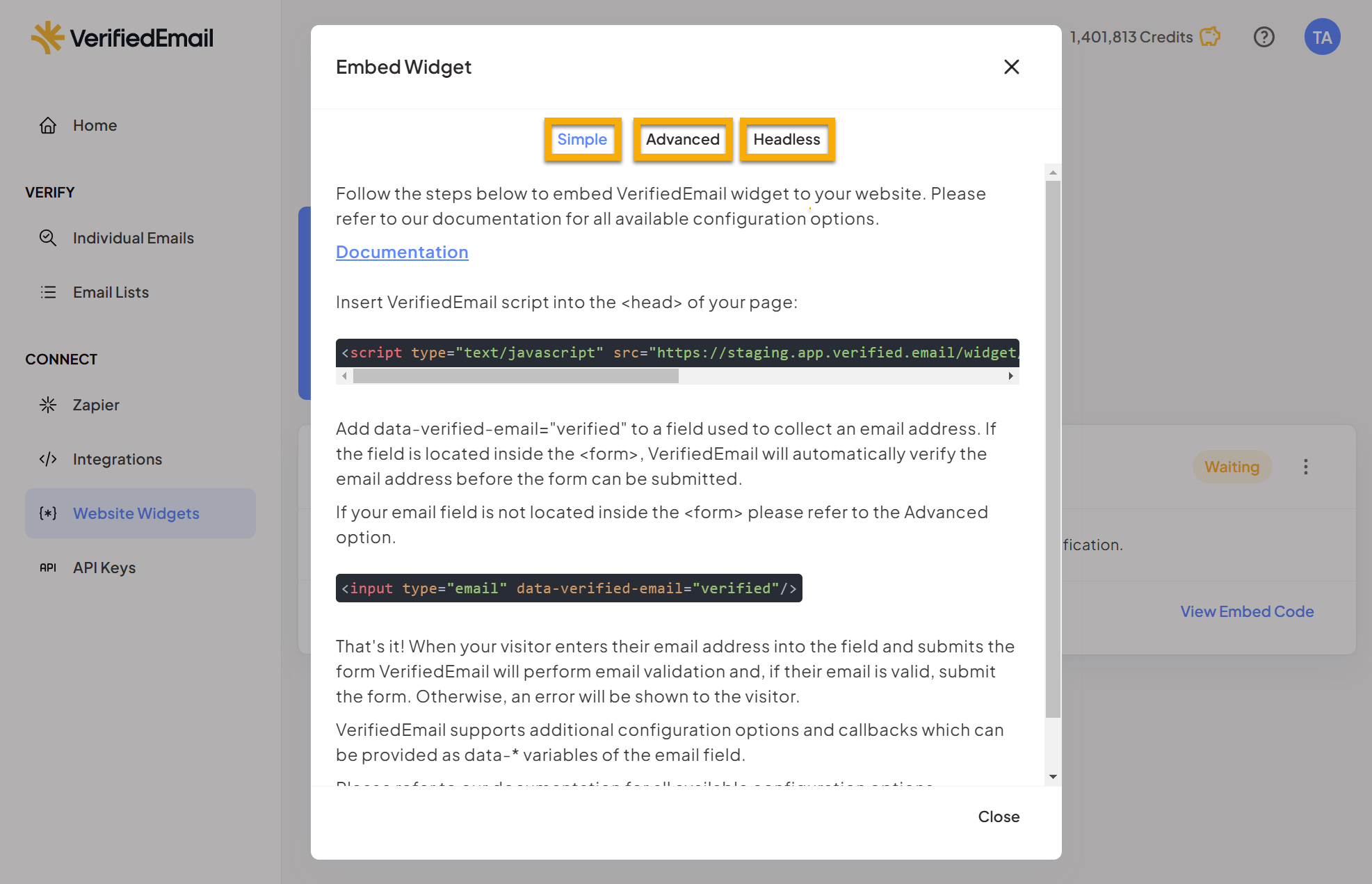 The Embed Widget dialog