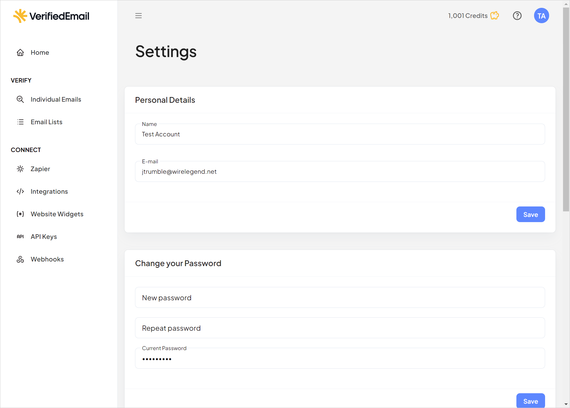 The Settings page