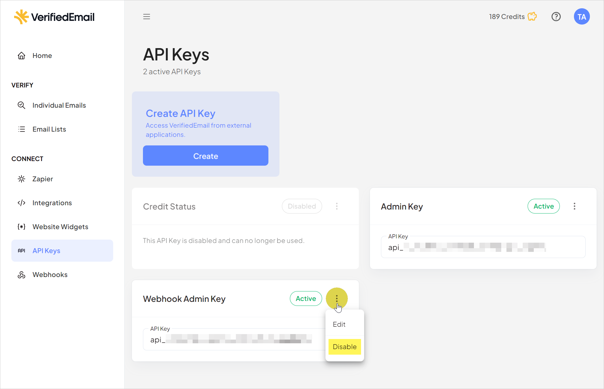 Disabling an API Key