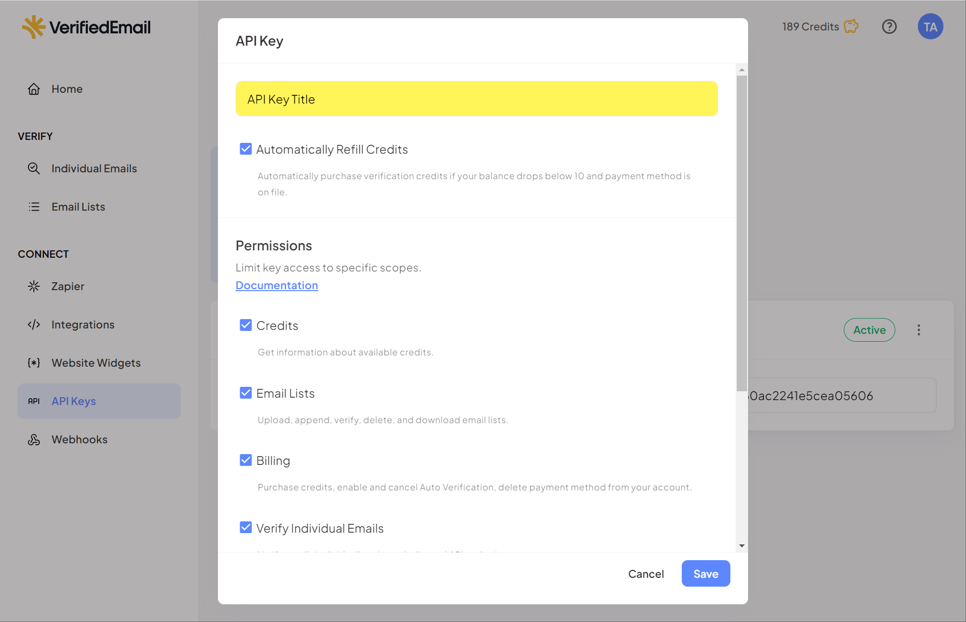 The API Key dialog