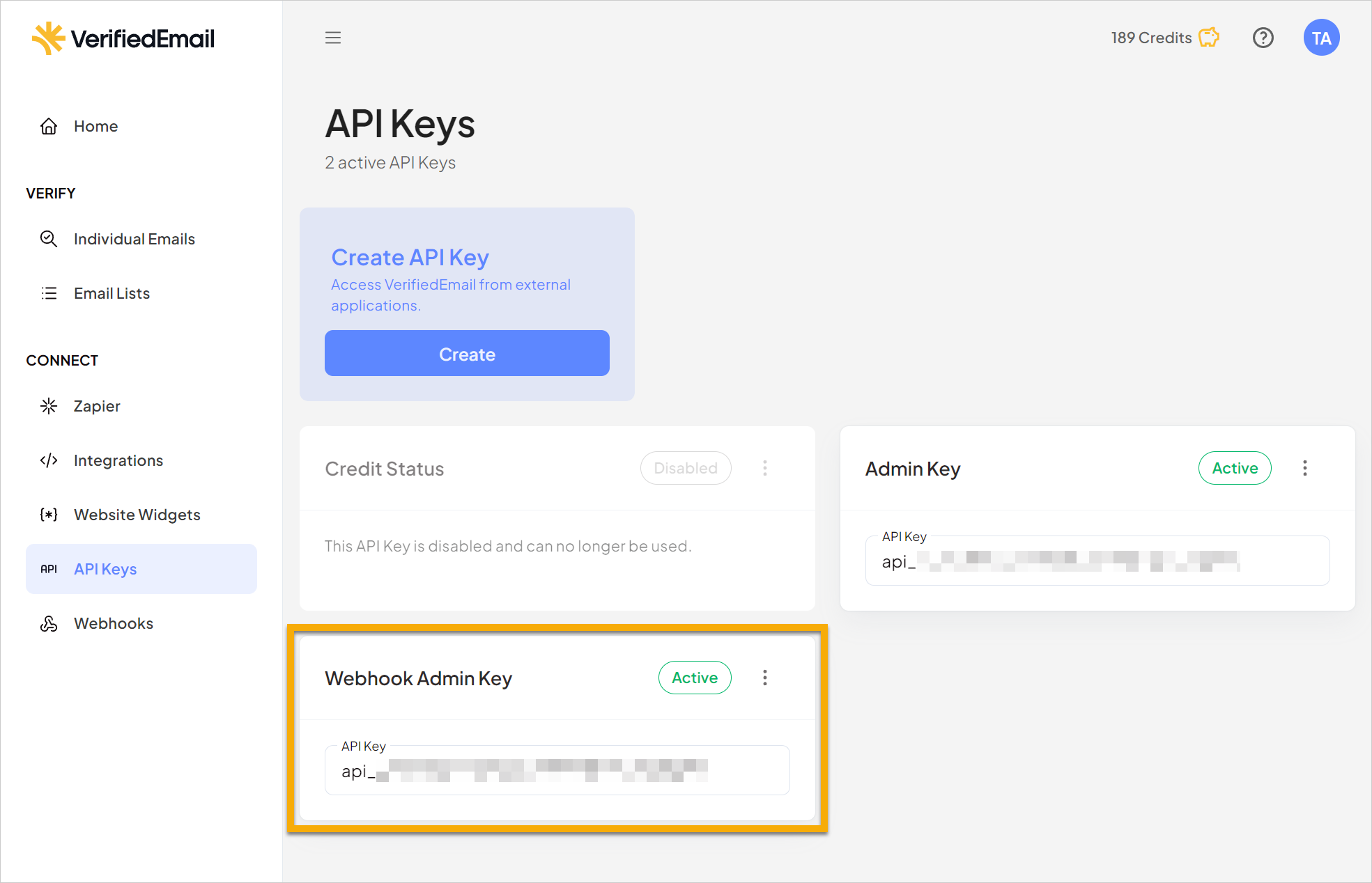 The API Keys page