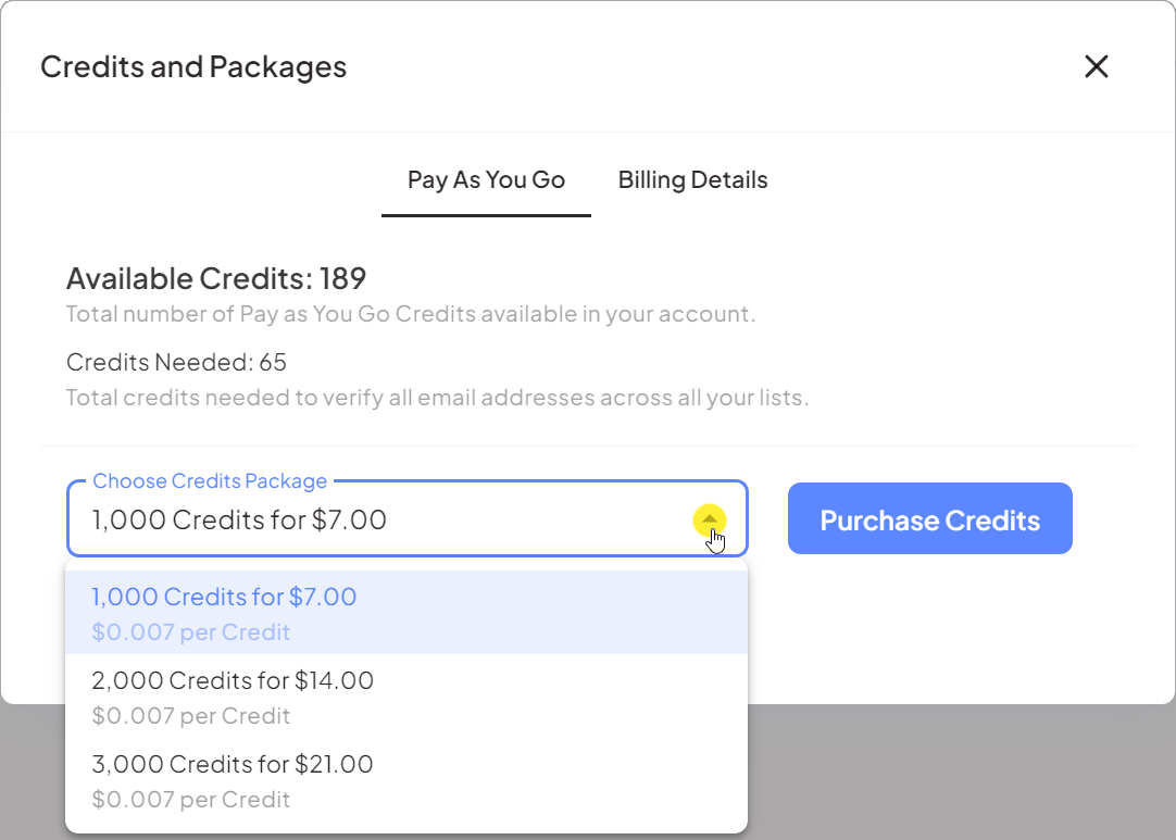 Click the drop-down field labeled Choose Credits Package