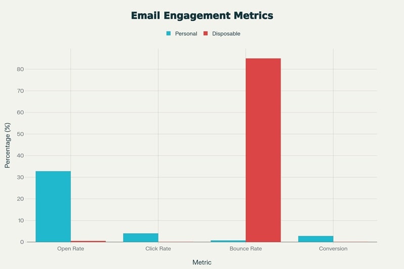 Comparison chart showing stark engagement differences between personal and disposable emails, with personal addresses delivering far higher open rates, CTR, and conversions, while disposable emails show near-zero engagement and extremely high bounce rates