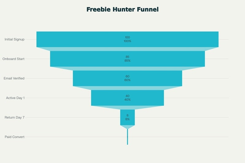 Chart showing the freebie hunter lifecycle and trial-to-paid conversion rates, highlighting strong performance from legitimate opt-ins versus extremely low ~0.5% conversion from freebie hunters who use disposable emails to exploit promos and trials