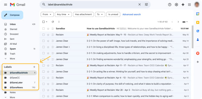 SaneBox inbox management with automatic email sorting